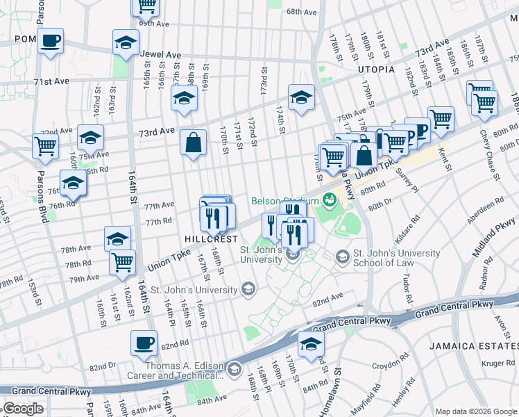 map of restaurants, bars, coffee shops, grocery stores, and more near 76-53 172nd Street in Queens