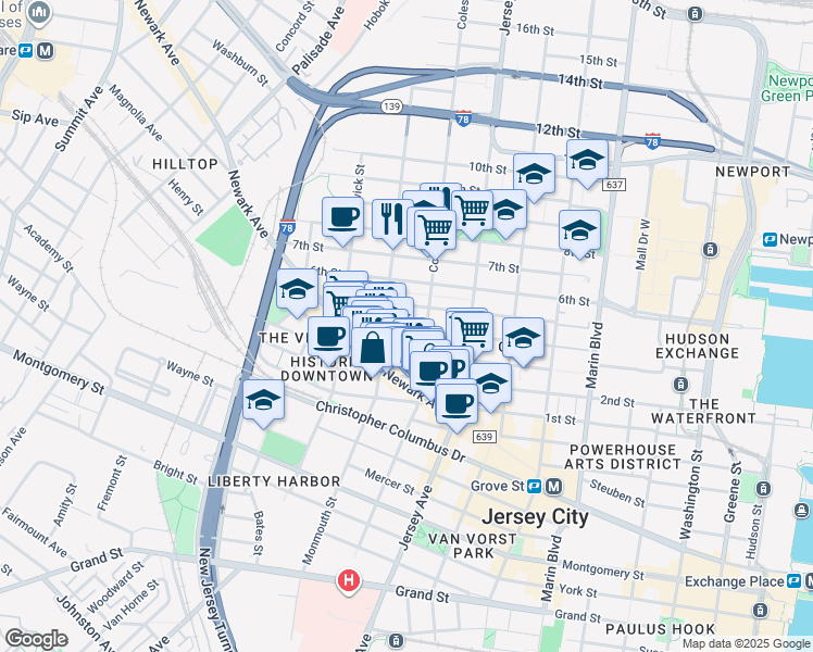 map of restaurants, bars, coffee shops, grocery stores, and more near 87 Coles Street in Jersey City