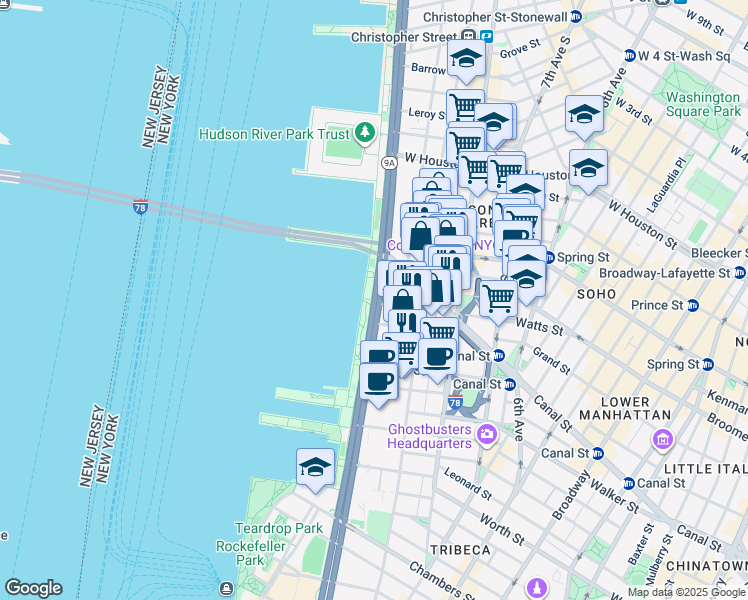 map of restaurants, bars, coffee shops, grocery stores, and more near 281 West Street in New York