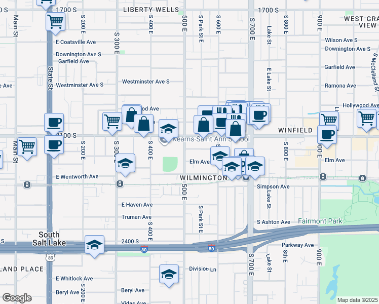 map of restaurants, bars, coffee shops, grocery stores, and more near 527 East Commonwealth Avenue in Salt Lake City