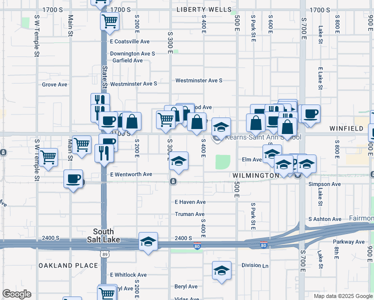 map of restaurants, bars, coffee shops, grocery stores, and more near 364 East 2100 South in South Salt Lake