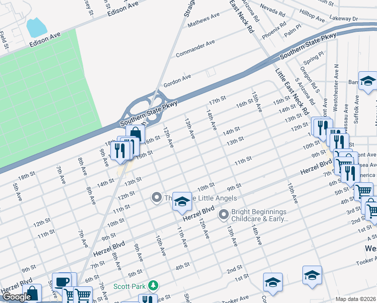 map of restaurants, bars, coffee shops, grocery stores, and more near 281 13th Avenue in West Babylon