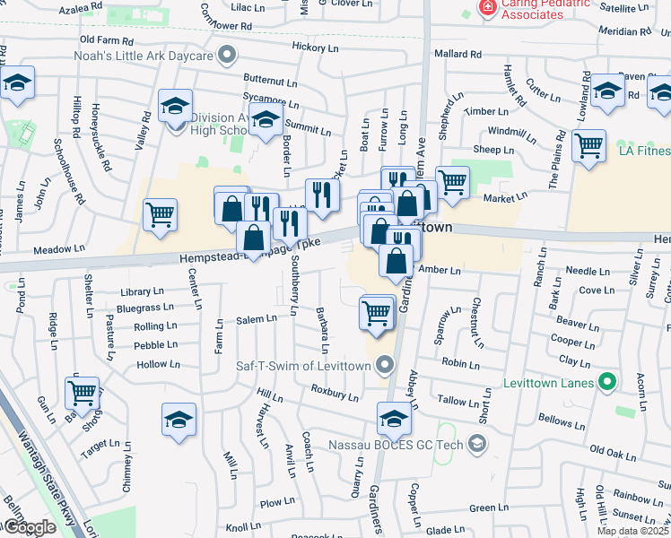 map of restaurants, bars, coffee shops, grocery stores, and more near 3190 Hempstead Turnpike in Levittown