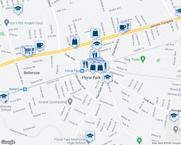 map of restaurants, bars, coffee shops, grocery stores, and more near 889 Caroline Place in Floral Park