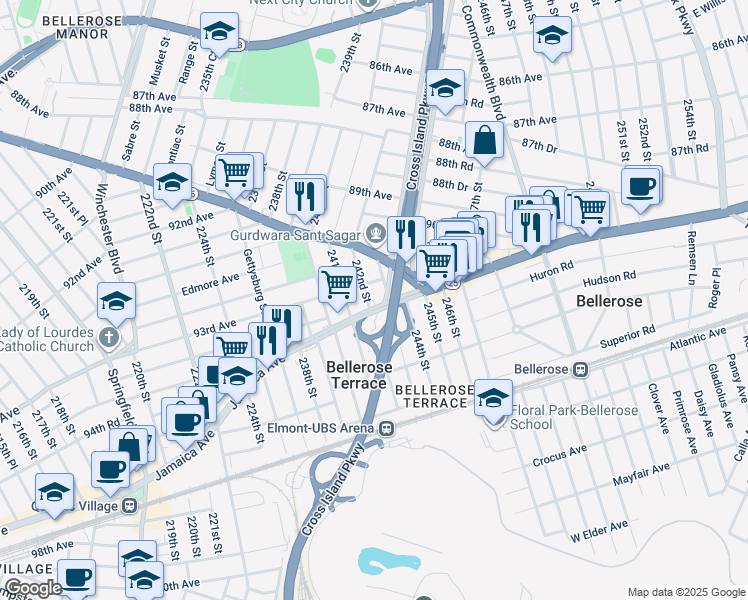 map of restaurants, bars, coffee shops, grocery stores, and more near 242-18 93rd Avenue in Queens