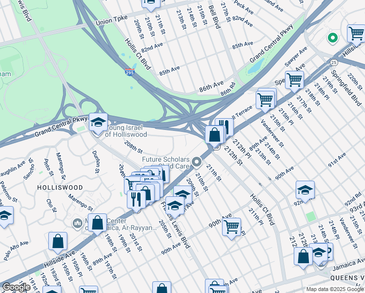 map of restaurants, bars, coffee shops, grocery stores, and more near 21016 Grand Central Parkway in Queens