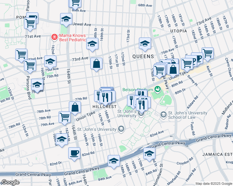 map of restaurants, bars, coffee shops, grocery stores, and more near 170-8 77th Road in Queens