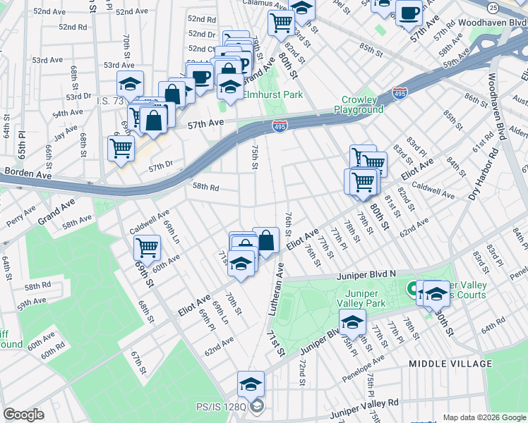 map of restaurants, bars, coffee shops, grocery stores, and more near 75-21 Caldwell Avenue in Queens