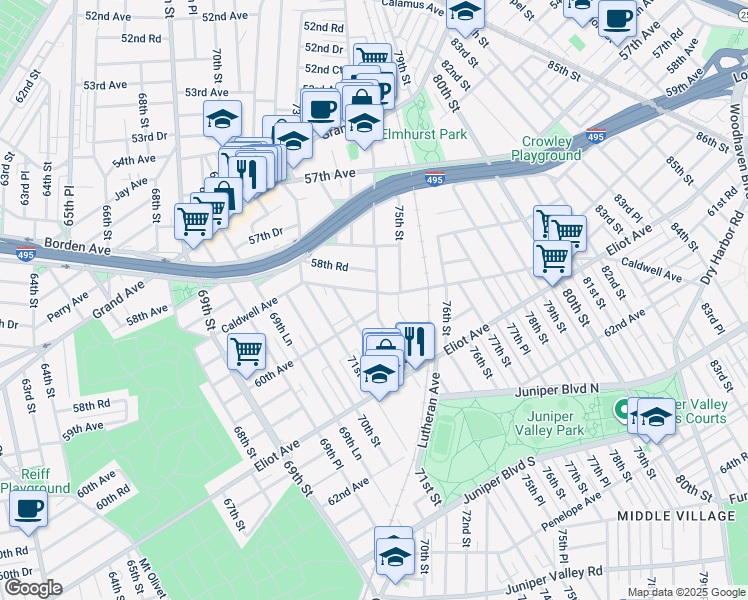 map of restaurants, bars, coffee shops, grocery stores, and more near 58-39 74th Street in Queens
