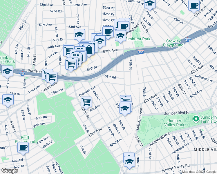 map of restaurants, bars, coffee shops, grocery stores, and more near 58-41 Mazeau Street in Queens