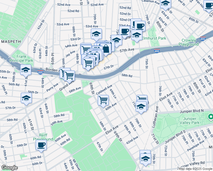 map of restaurants, bars, coffee shops, grocery stores, and more near 69-84 58th Road in Queens