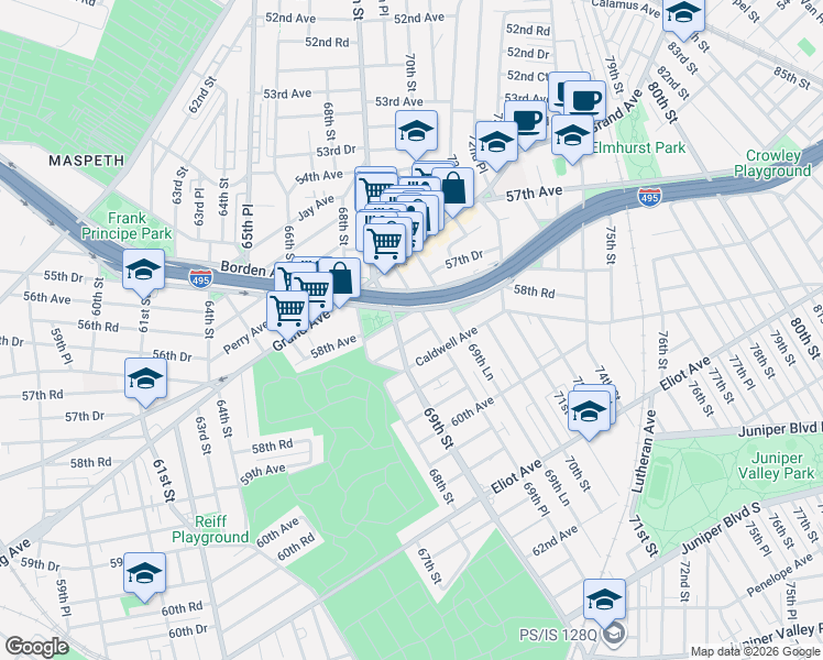 map of restaurants, bars, coffee shops, grocery stores, and more near 6904 69th Street in Queens