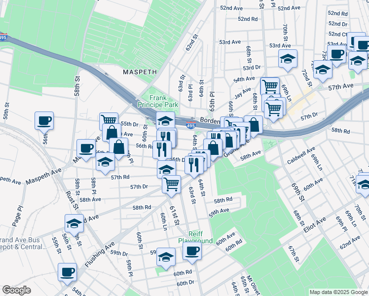 map of restaurants, bars, coffee shops, grocery stores, and more near 55-70 64th Street in Queens