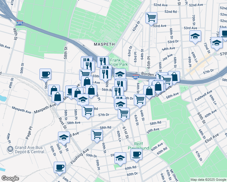 map of restaurants, bars, coffee shops, grocery stores, and more near 60-36 56th Avenue in Queens