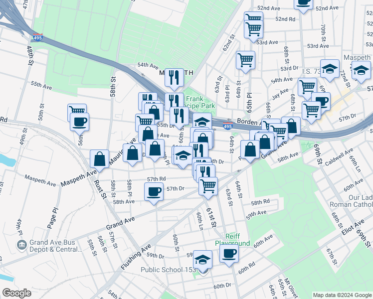 map of restaurants, bars, coffee shops, grocery stores, and more near 60-36 56th Avenue in Queens