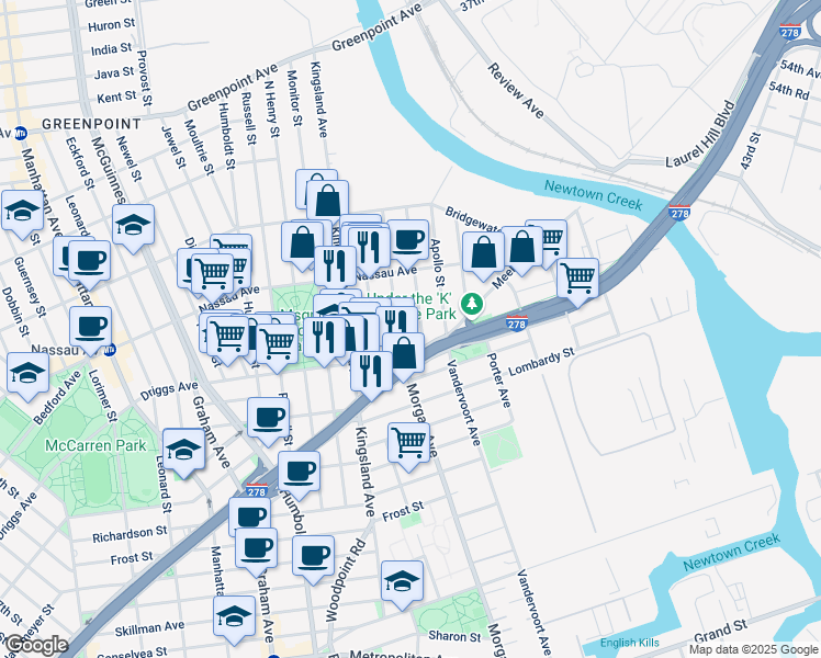 map of restaurants, bars, coffee shops, grocery stores, and more near 594 Morgan Avenue in Brooklyn