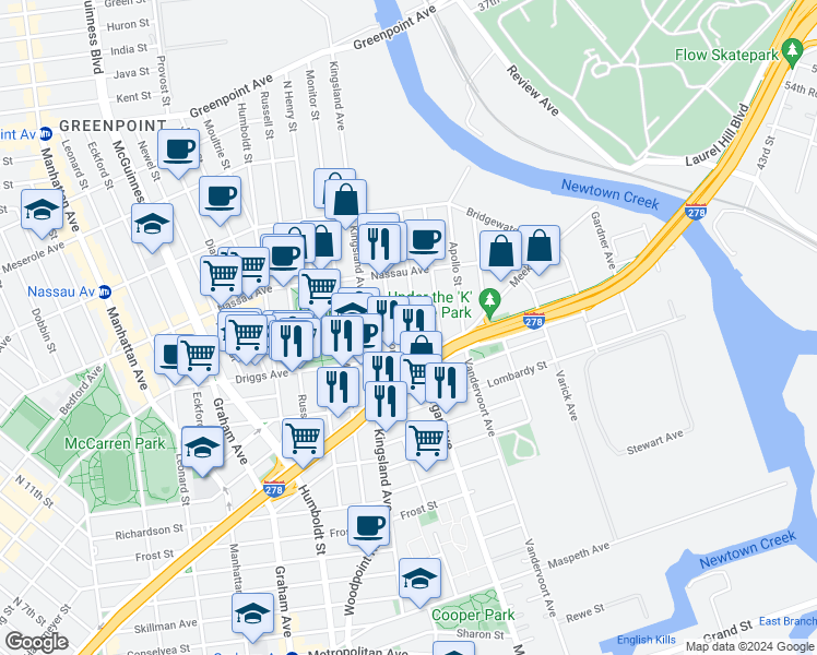 map of restaurants, bars, coffee shops, grocery stores, and more near 594 Morgan Avenue in Brooklyn