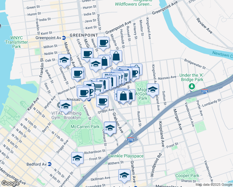 map of restaurants, bars, coffee shops, grocery stores, and more near 147 Nassau Avenue in Brooklyn