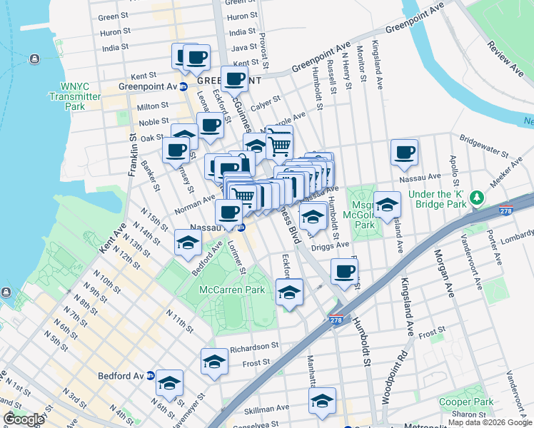 map of restaurants, bars, coffee shops, grocery stores, and more near 115 A Nassau Avenue in Brooklyn