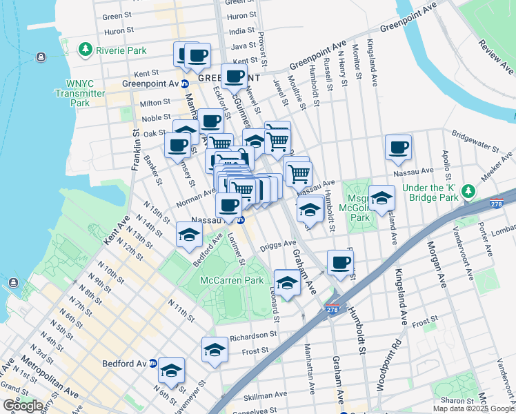 map of restaurants, bars, coffee shops, grocery stores, and more near 588 Leonard Street in Brooklyn