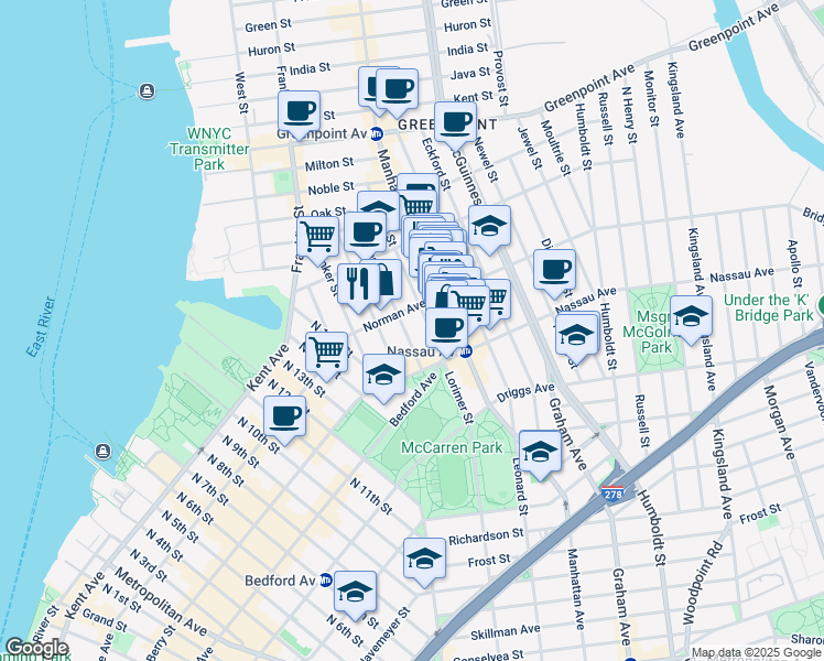 map of restaurants, bars, coffee shops, grocery stores, and more near 62 Norman Avenue in Brooklyn