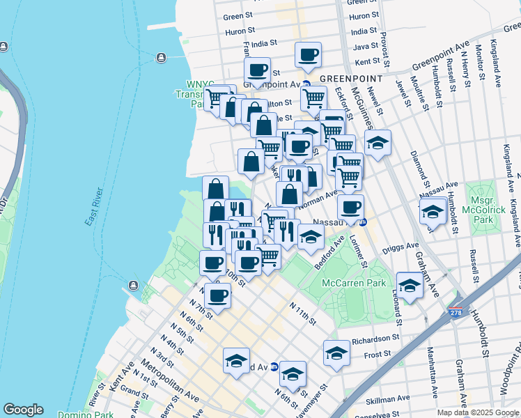 map of restaurants, bars, coffee shops, grocery stores, and more near 7 North 15th Street in Brooklyn