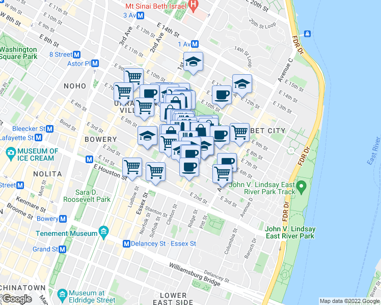 map of restaurants, bars, coffee shops, grocery stores, and more near 518 East 6th Street in New York