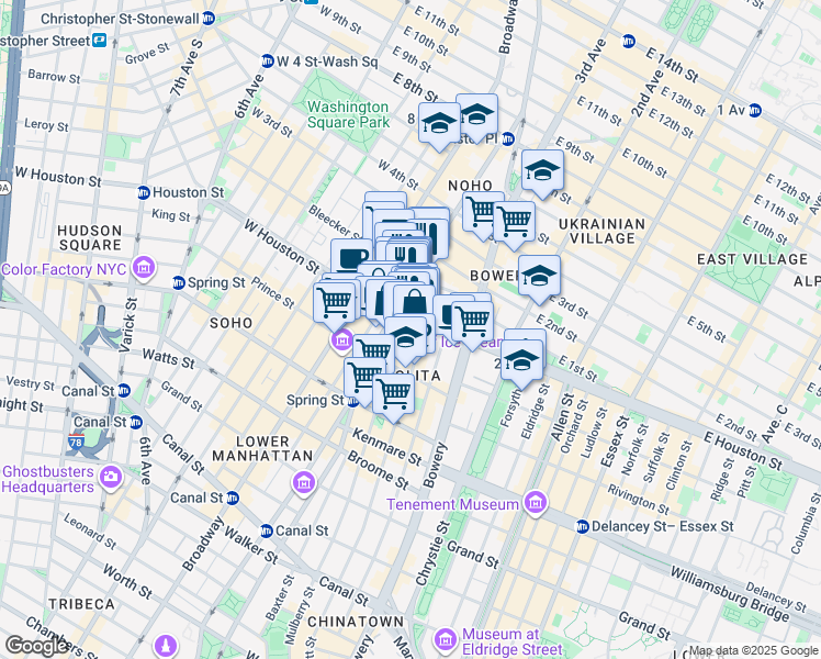 map of restaurants, bars, coffee shops, grocery stores, and more near 324-328 Lafayette Street in New York