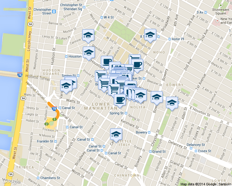 map of restaurants, bars, coffee shops, grocery stores, and more near in New York