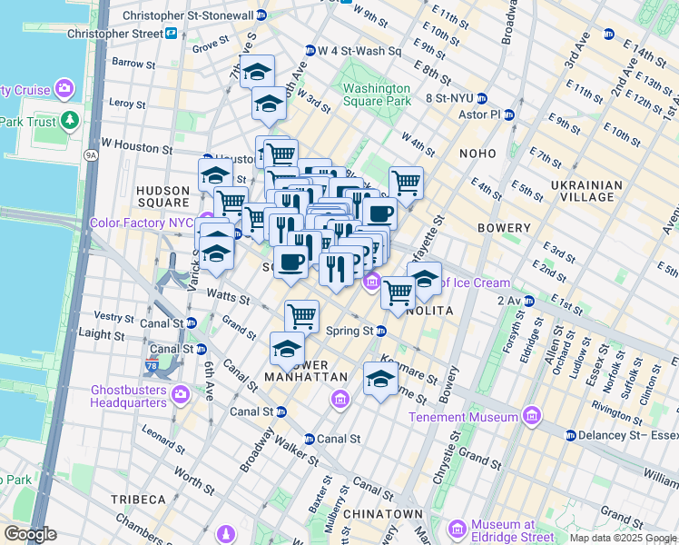 map of restaurants, bars, coffee shops, grocery stores, and more near 110 Prince Street in New York