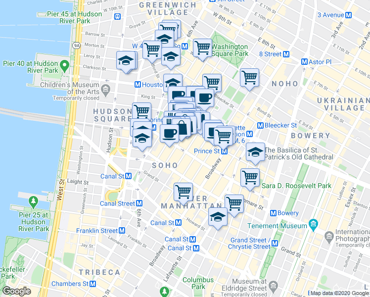 map of restaurants, bars, coffee shops, grocery stores, and more near 423 West Broadway in New York