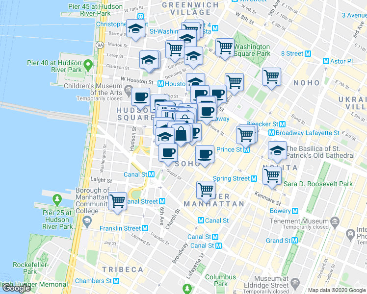 map of restaurants, bars, coffee shops, grocery stores, and more near in New York