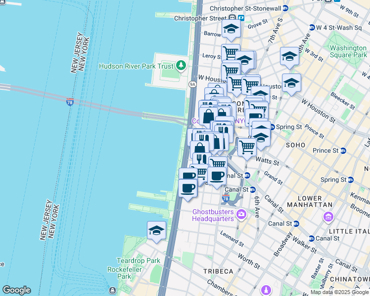 map of restaurants, bars, coffee shops, grocery stores, and more near 267 West Street in New York