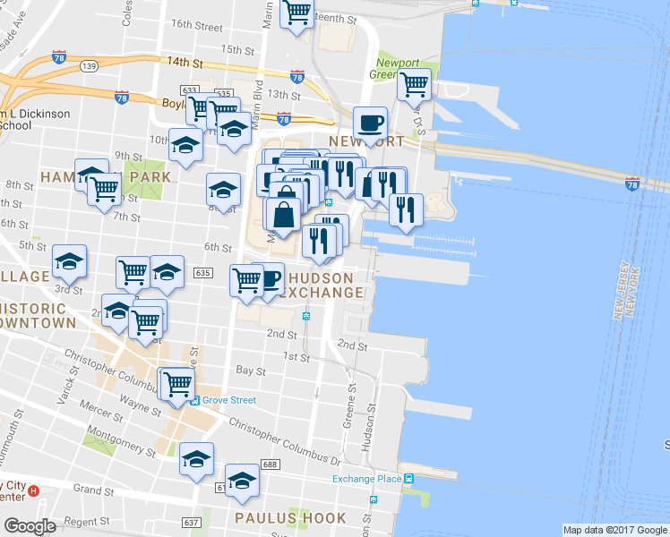 map of restaurants, bars, coffee shops, grocery stores, and more near 475 Washington Boulevard in Jersey City