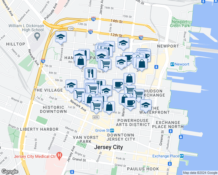 map of restaurants, bars, coffee shops, grocery stores, and more near 441 Manila Avenue in Jersey City