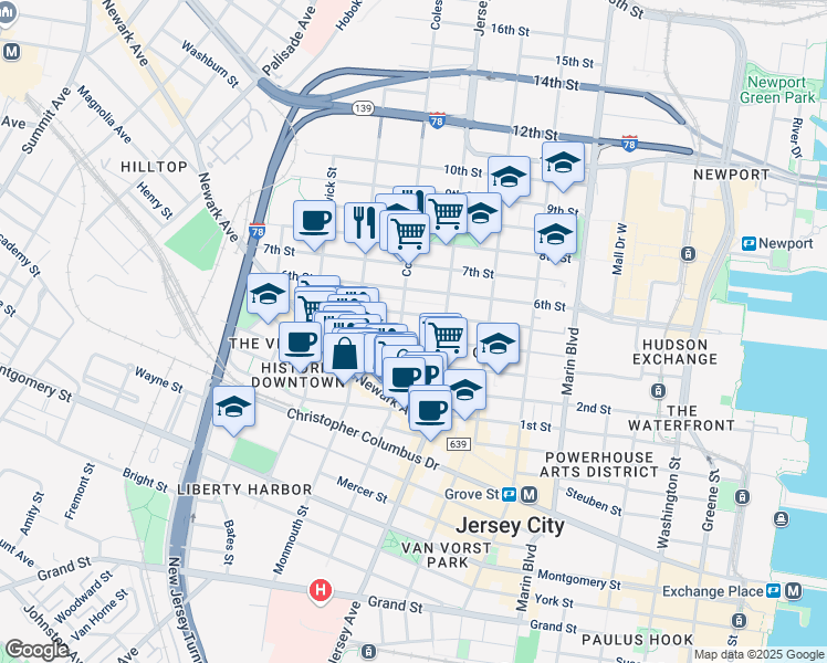 map of restaurants, bars, coffee shops, grocery stores, and more near 87 Coles Street in Jersey City