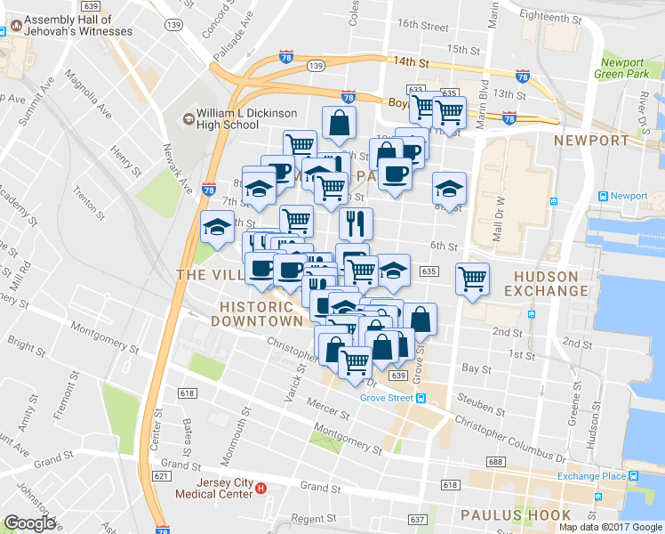 map of restaurants, bars, coffee shops, grocery stores, and more near in Jersey City