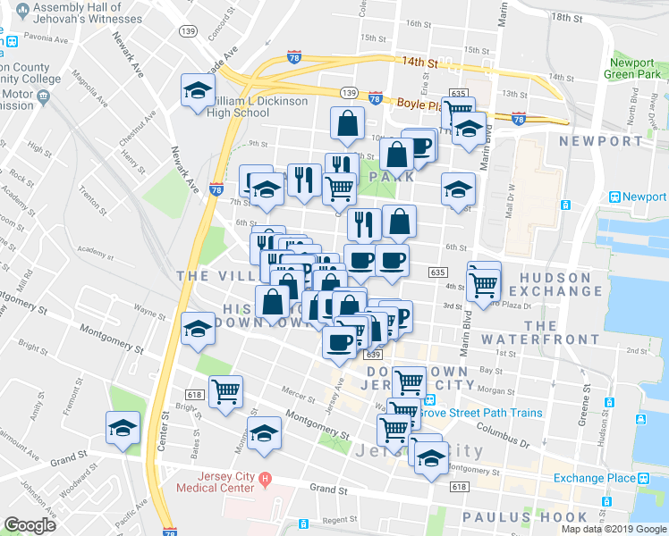 map of restaurants, bars, coffee shops, grocery stores, and more near in Jersey City