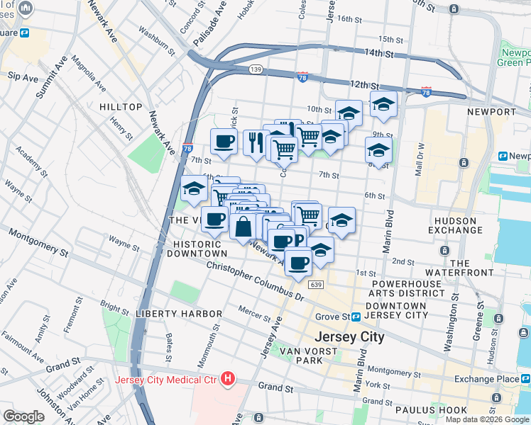 map of restaurants, bars, coffee shops, grocery stores, and more near in Jersey City