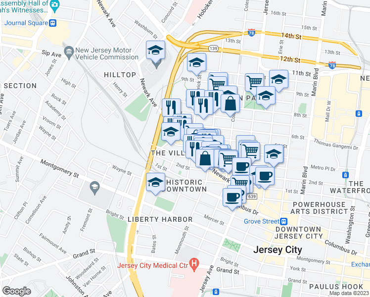 map of restaurants, bars, coffee shops, grocery stores, and more near in Jersey City