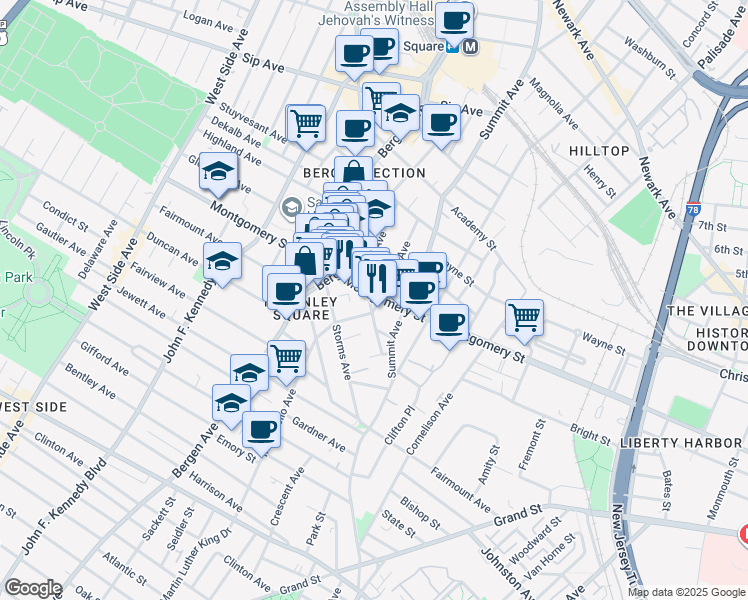 map of restaurants, bars, coffee shops, grocery stores, and more near 700 Montgomery Street in Jersey City