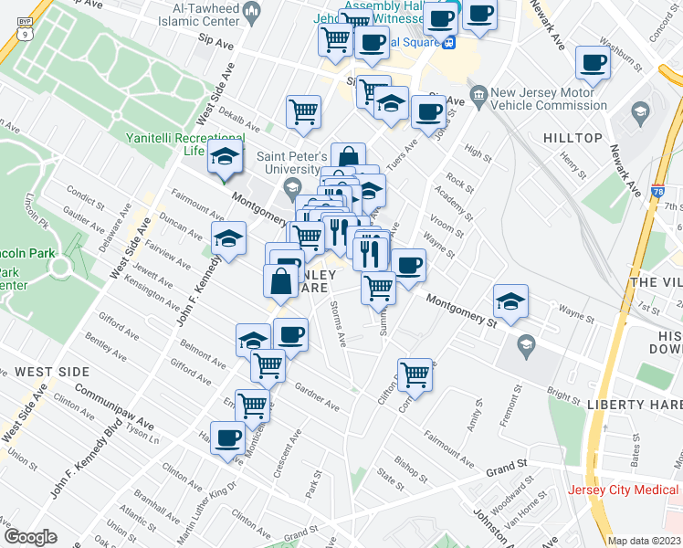 map of restaurants, bars, coffee shops, grocery stores, and more near 700 Montgomery Street in Jersey City