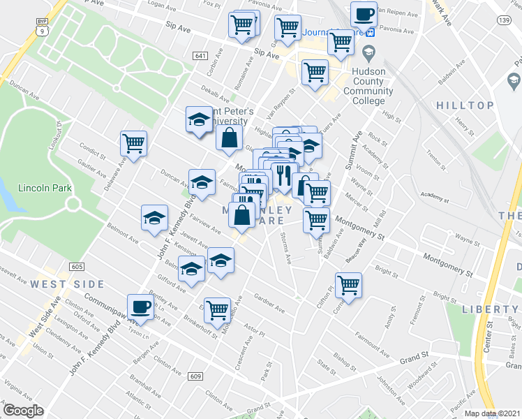 map of restaurants, bars, coffee shops, grocery stores, and more near 308 Fairmount Avenue in Jersey City
