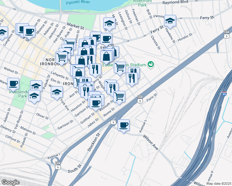 map of restaurants, bars, coffee shops, grocery stores, and more near 57-85 Komorn Street in Newark