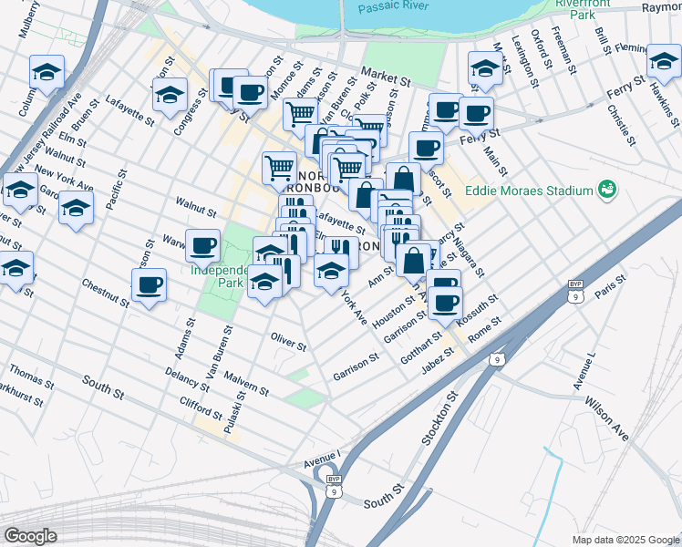map of restaurants, bars, coffee shops, grocery stores, and more near 421 Walnut Street in Newark