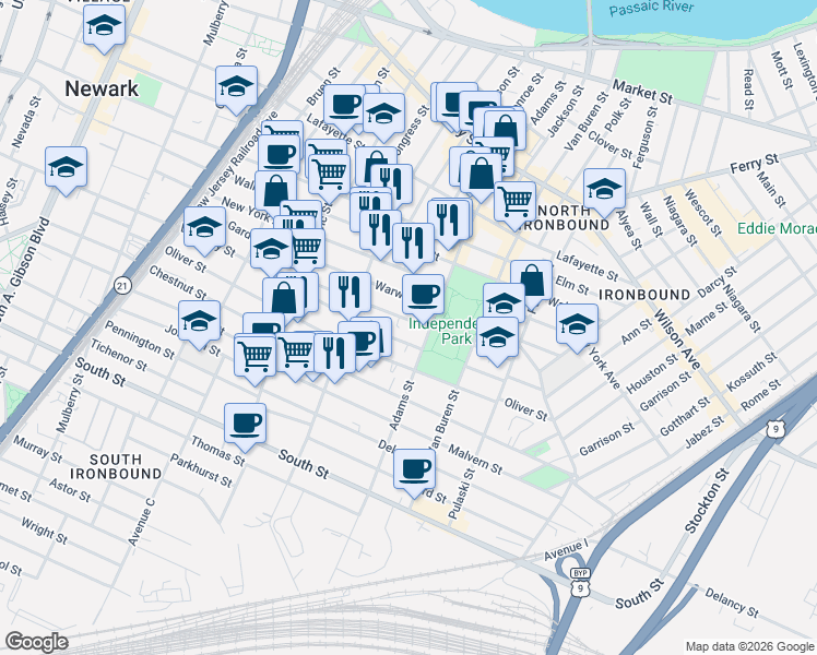 map of restaurants, bars, coffee shops, grocery stores, and more near 81 Nichols Street in Newark