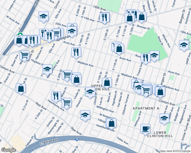 map of restaurants, bars, coffee shops, grocery stores, and more near 844 South 15th Street in Newark