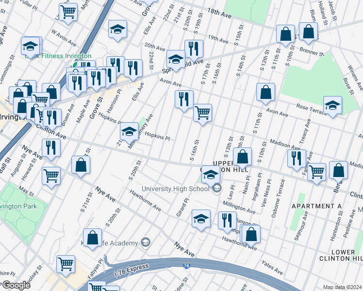 map of restaurants, bars, coffee shops, grocery stores, and more near 896 South 18th Street in Newark