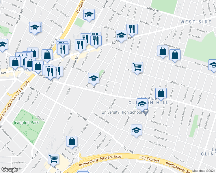 map of restaurants, bars, coffee shops, grocery stores, and more near 46 Hopkins Place in Irvington