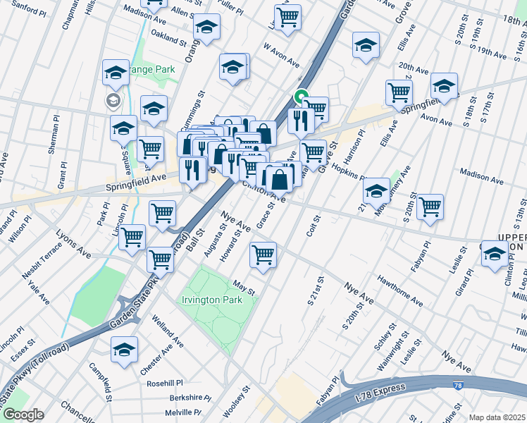map of restaurants, bars, coffee shops, grocery stores, and more near 15 Howard Street in Irvington